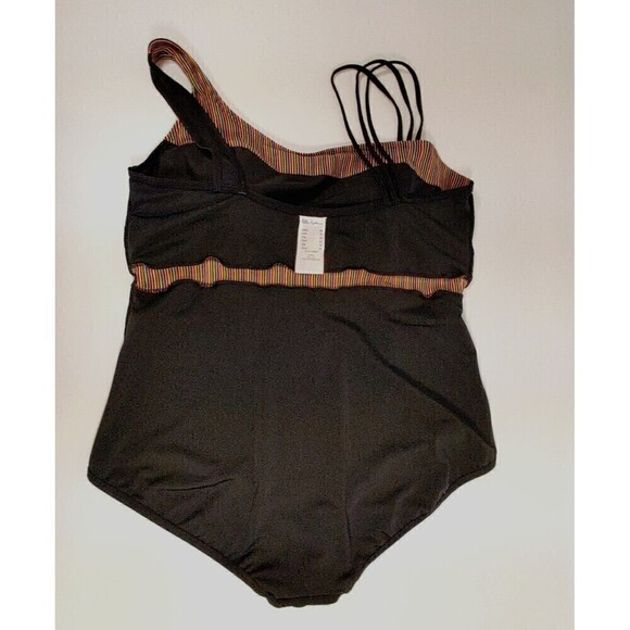 Ulla Popken Swimsuit Womens 28 Black Rainbow Stripe Strap Front Self-Bra Lined - Picture 7 of 14